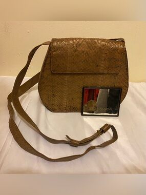 Vintage Donna Karan Brown Snakeskin Leather Crossbody Saddle Bag